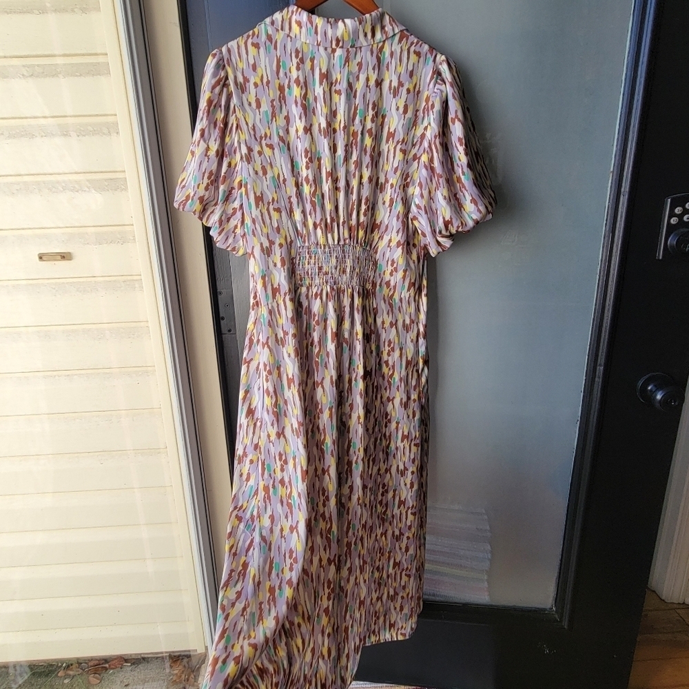 MELLODAY Puff Sleeve Satin Shirtdress Small Maxi Dress Button Down Purple Green - Picture 3 of 14